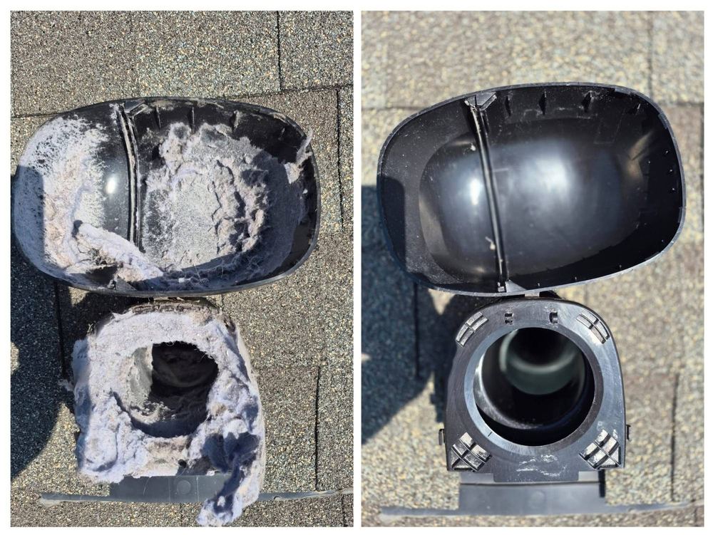 A roof dryer vent cap packed with lint, beside the same cap cleaned
