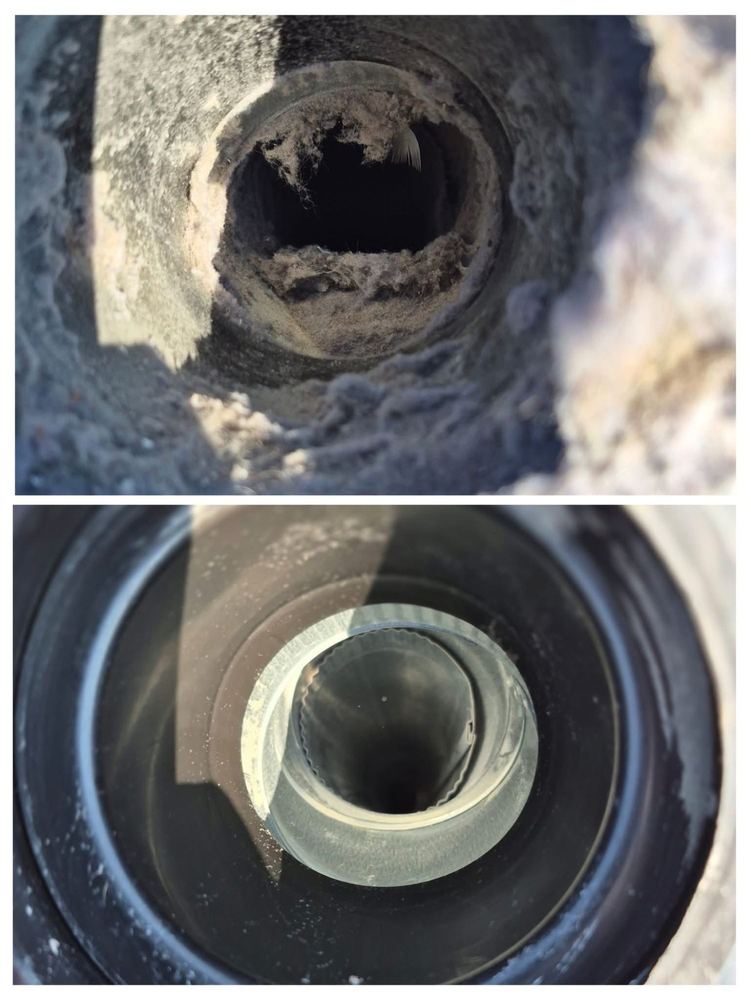 A dryer vent duct clogged with lint, above the same duct cleared
